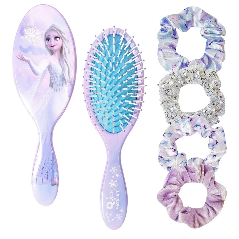 Frozen Princess Elsa Detangling hair brush and 4 hair ties 5 Pcs Set NEW
